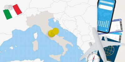 Travel to Italy concept, map with pin on map of Italy. Vacation preparation map, flag, passport and tickets. vector