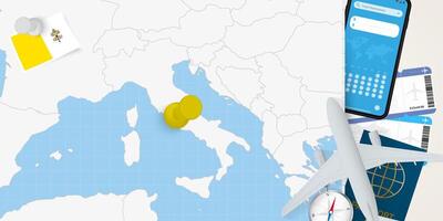 Travel to Vatican City concept, map with pin on map of Vatican City. Vacation preparation map, flag, passport and tickets. vector