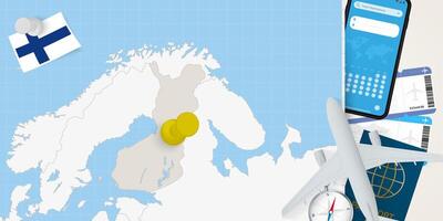 Travel to Finland concept, map with pin on map of Finland. Vacation preparation map, flag, passport and tickets. vector