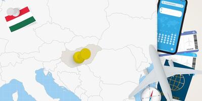 Travel to Hungary concept, map with pin on map of Hungary. Vacation preparation map, flag, passport and tickets. vector