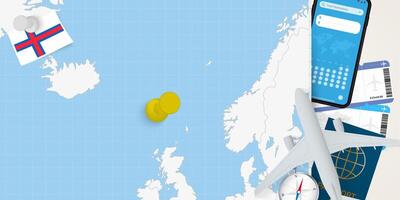Travel to Faroe Islands concept, map with pin on map of Faroe Islands. Vacation preparation map, flag, passport and tickets. vector