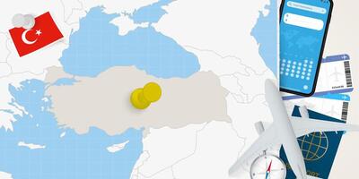 Travel to Turkey concept, map with pin on map of Turkey. Vacation preparation map, flag, passport and tickets. vector