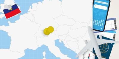 Travel to Liechtenstein concept, map with pin on map of Liechtenstein. Vacation preparation map, flag, passport and tickets. vector