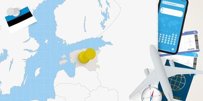 Travel to Estonia concept, map with pin on map of Estonia. Vacation preparation map, flag, passport and tickets. vector