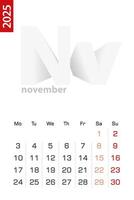 Minimalist calendar template for November 2025, calendar in English. vector