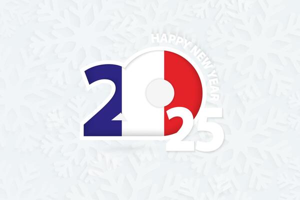 New Year 2025 for France on snowflake background.