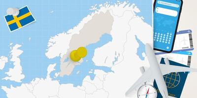 Travel to Sweden concept, map with pin on map of Sweden. Vacation preparation map, flag, passport and tickets. vector