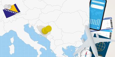 Travel to Bosnia and Herzegovina concept, map with pin on map of Bosnia and Herzegovina. Vacation preparation map, flag, passport and tickets. vector