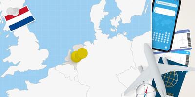 Travel to Netherlands concept, map with pin on map of Netherlands. Vacation preparation map, flag, passport and tickets. vector