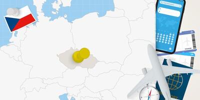 Travel to Czech Republic concept, map with pin on map of Czech Republic. Vacation preparation map, flag, passport and tickets. vector