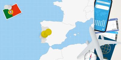 Travel to Portugal concept, map with pin on map of Portugal. Vacation preparation map, flag, passport and tickets. vector