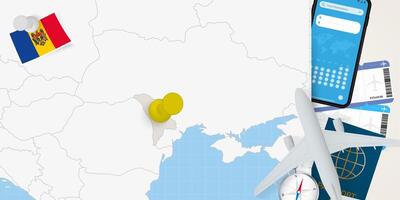 Travel to Moldova concept, map with pin on map of Moldova. Vacation preparation map, flag, passport and tickets. vector