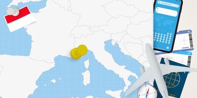 Travel to Monaco concept, map with pin on map of Monaco. Vacation preparation map, flag, passport and tickets. vector
