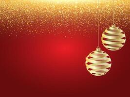 Christmas card with Golden balls on red background. Sparkling Golden Glitter luxury red Background. Falling Shiny Confetti with Gold Shards. Christmas or New Year Greeting Card. vector