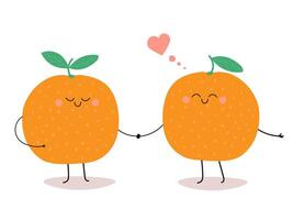 A couple of funny cheerful fruits of oranges with emoji, citruses in love. vector