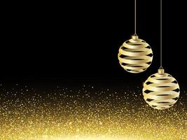 Christmas card. Golden balls on red background. Sparkling Golden Glitter luxury red Background. Falling Shiny Confetti with Gold Shards. Shining Light Effect for Christmas or New Year Greeting Card. vector