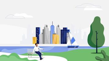 A man sits on a bench in a park with a city in the background vector