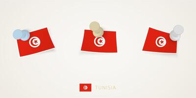 Pinned flag of Tunisia in different shapes with twisted corners. pushpins top view. vector