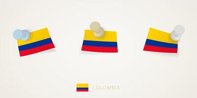 Pinned flag of Colombia in different shapes with twisted corners. pushpins top view. vector