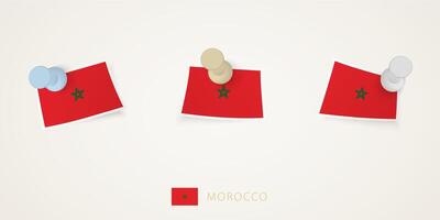 Pinned flag of Morocco in different shapes with twisted corners. pushpins top view. vector