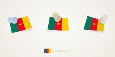 Pinned flag of Cameroon in different shapes with twisted corners. pushpins top view. vector