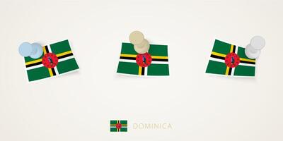 Pinned flag of Dominica in different shapes with twisted corners. pushpins top view. vector