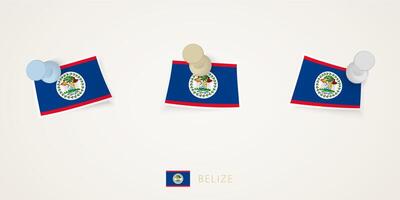 Pinned flag of Belize in different shapes with twisted corners. pushpins top view. vector