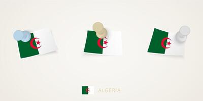 Pinned flag of Algeria in different shapes with twisted corners. pushpins top view. vector