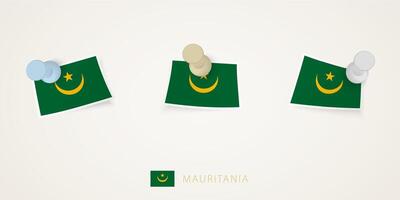 Pinned flag of Mauritania in different shapes with twisted corners. pushpins top view. vector