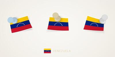 Pinned flag of Venezuela in different shapes with twisted corners. pushpins top view. vector