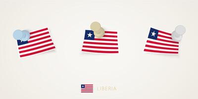 Pinned flag of Liberia in different shapes with twisted corners. pushpins top view. vector