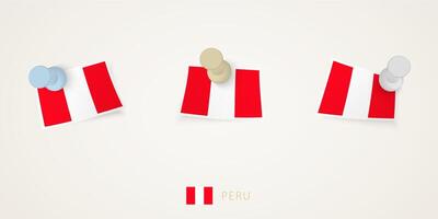 Pinned flag of Peru in different shapes with twisted corners. pushpins top view. vector