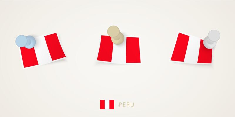 Pinned flag of Peru in different shapes with twisted corners. pushpins top view.