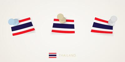Pinned flag of Thailand in different shapes with twisted corners. pushpins top view. vector