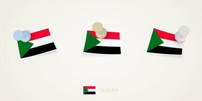 Pinned flag of Sudan in different shapes with twisted corners. pushpins top view. vector