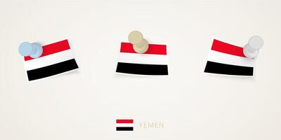 Pinned flag of Yemen in different shapes with twisted corners. pushpins top view. vector