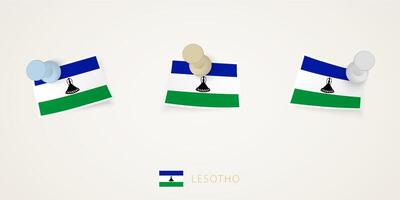 Pinned flag of Lesotho in different shapes with twisted corners. pushpins top view. vector