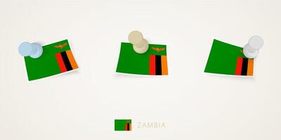 Pinned flag of Zambia in different shapes with twisted corners. pushpins top view. vector