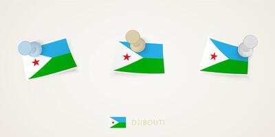 Pinned flag of Djibouti in different shapes with twisted corners. pushpins top view. vector