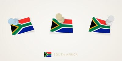 Pinned flag of South Africa in different shapes with twisted corners. pushpins top view. vector