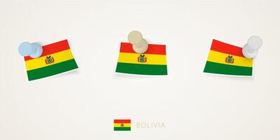 Pinned flag of Bolivia in different shapes with twisted corners. pushpins top view. vector