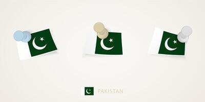 Pinned flag of Pakistan in different shapes with twisted corners. pushpins top view. vector