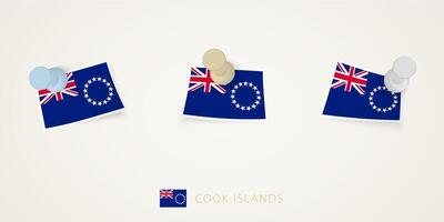 Pinned flag of Cook Islands in different shapes with twisted corners. pushpins top view. vector