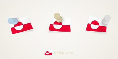 Pinned flag of Greenland in different shapes with twisted corners. pushpins top view. vector