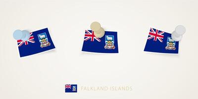 Pinned flag of Falkland Islands in different shapes with twisted corners. pushpins top view. vector