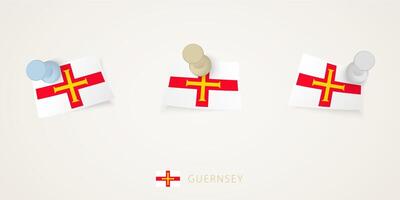 Pinned flag of Guernsey in different shapes with twisted corners. pushpins top view. vector