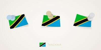 Pinned flag of Tanzania in different shapes with twisted corners. pushpins top view. vector