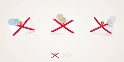 Pinned flag of Jersey in different shapes with twisted corners. pushpins top view. vector