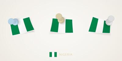 Pinned flag of Nigeria in different shapes with twisted corners. pushpins top view. vector