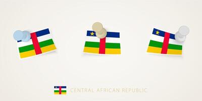 Pinned flag of Central African Republic in different shapes with twisted corners. pushpins top view. vector